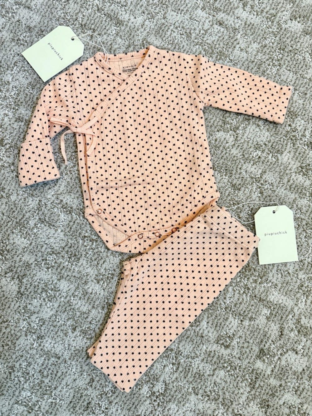Piupiuchick Newborn Girls’ Organic Cotton Bodysuit/Leggings Peachy Pink w/Hearts